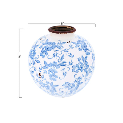 8" Terracotta Vase, Blue & White