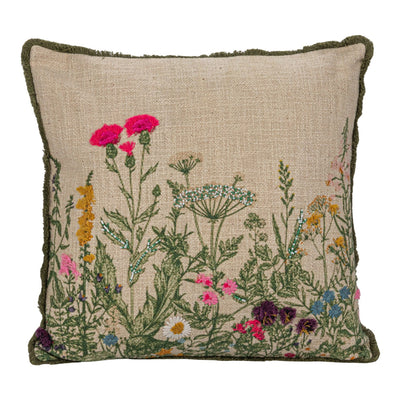 18" Square Cotton Embroidered Garden Pillow
