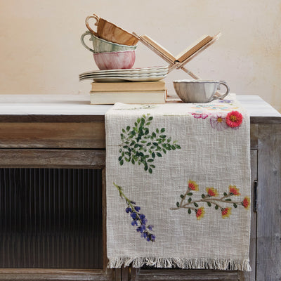 Embroidered Cotton Slub Printed Table Runner w/ Flowers