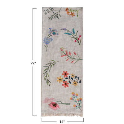 Embroidered Cotton Slub Printed Table Runner w/ Flowers
