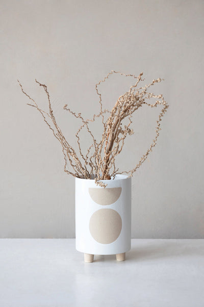 Stoneware Footed Planter with Circle Design