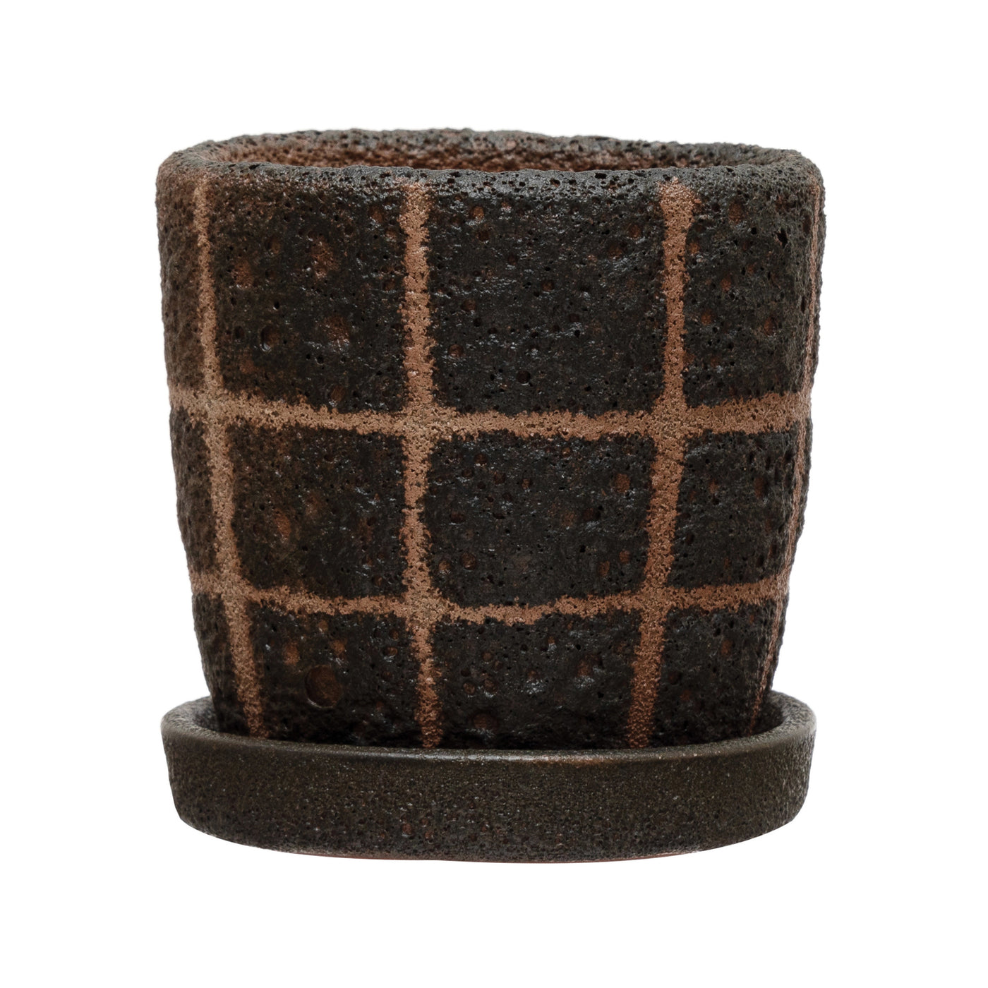 Black Grid Terracotta Planter with Saucer