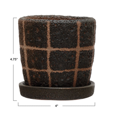 Black Grid Terracotta Planter with Saucer