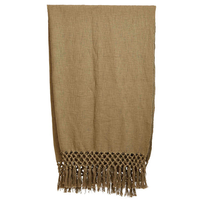 Woven Cotton Throw with Crochet and Fringe, Olive