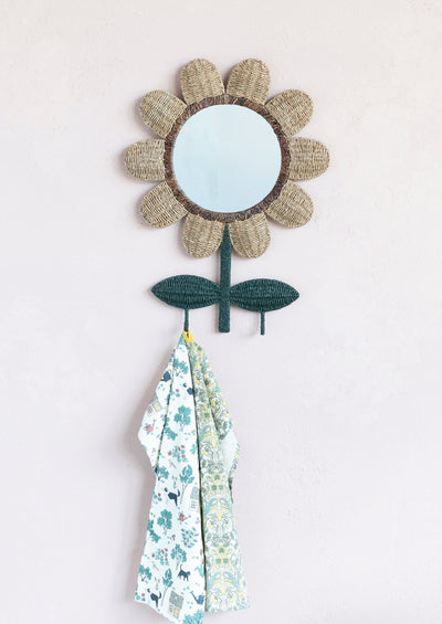 Hand-Woven Bankuan and Metal Flower Wall Mirror with 2 Hooks