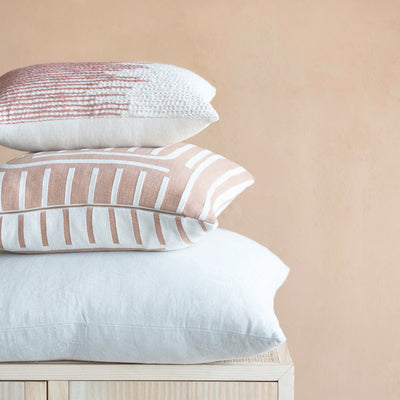 20" Woven Cotton Reversible Pillow w/ Lines, Salmon & White