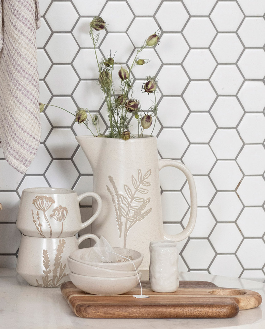 Stoneware Pitcher with Wax Relief Botanical Image, Reactive Glaze