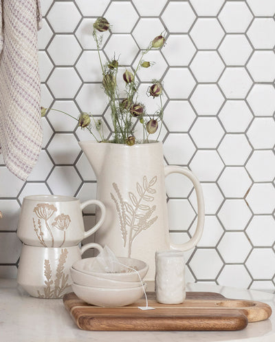 Stoneware Pitcher with Wax Relief Botanical Image, Reactive Glaze