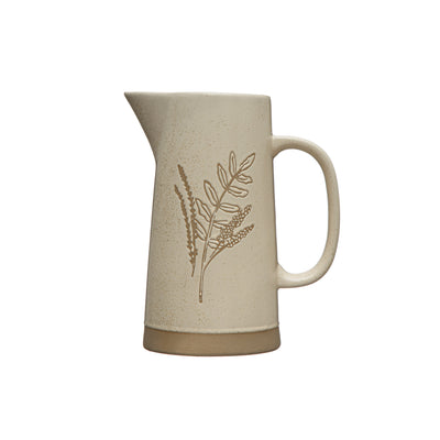 Stoneware Pitcher with Wax Relief Botanical Image, Reactive Glaze