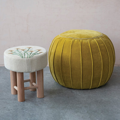 Cotton Upholstered Stool w/ Floral Embroidery