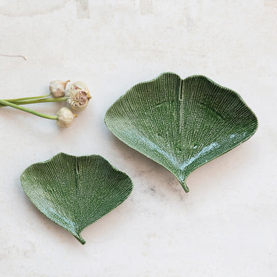 Small Debossed Stoneware Gingko Leaf Shaped Plate