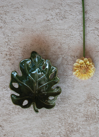 Stoneware Leaf Shaped Bowl, Reactive Glaze