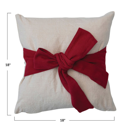 18" Square Cotton Slub Pillow w/ Bow, Cream & Red