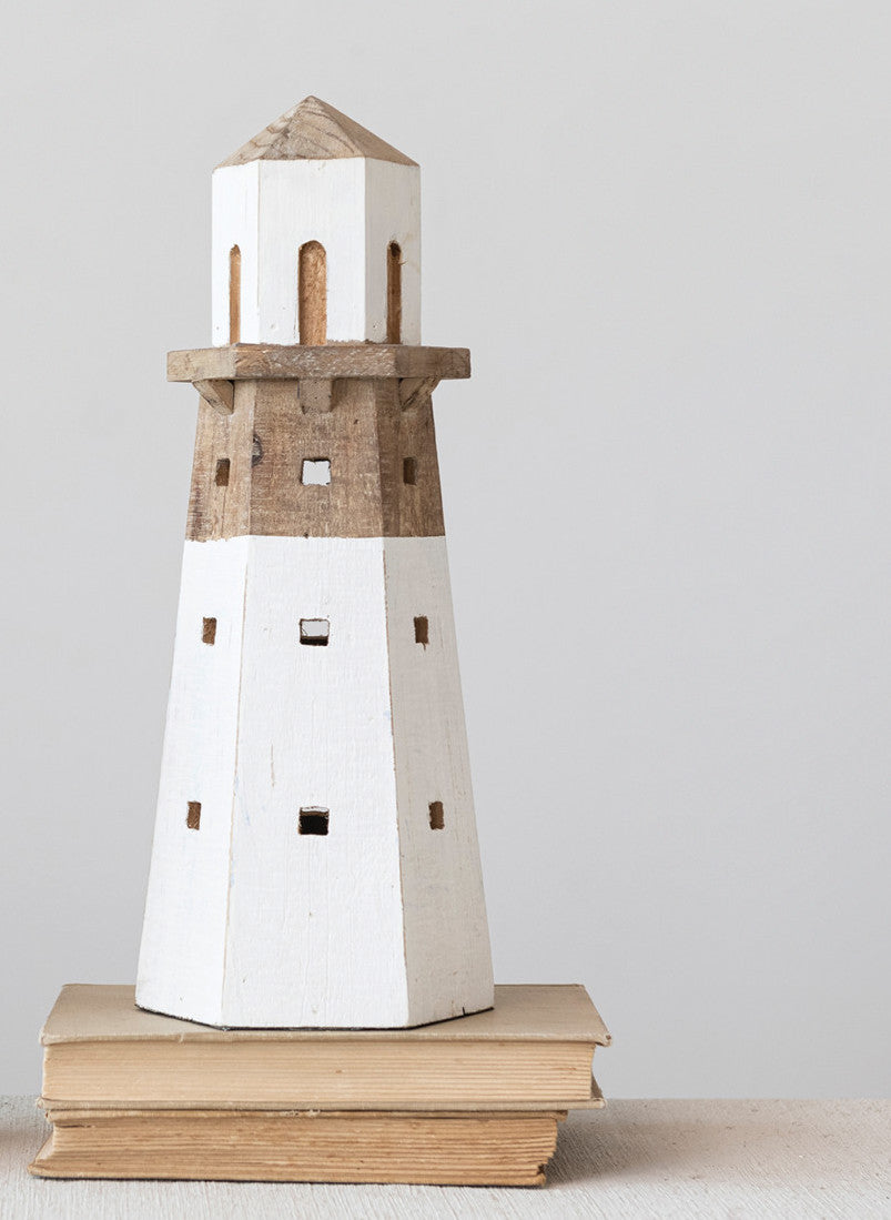 Wood Lighthouse, White & Natural, Large