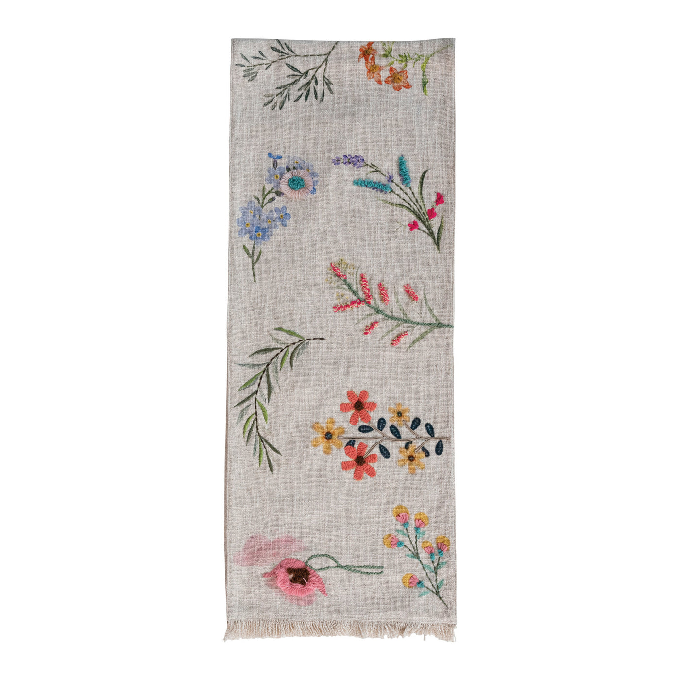 Embroidered Cotton Slub Printed Table Runner w/ Flowers
