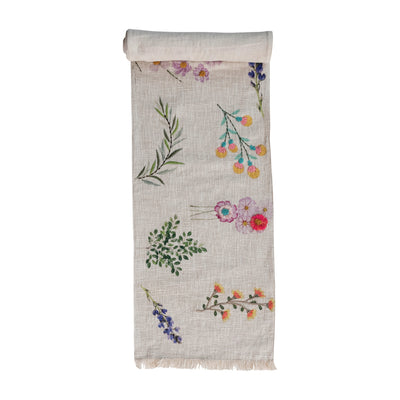 Embroidered Cotton Slub Printed Table Runner w/ Flowers