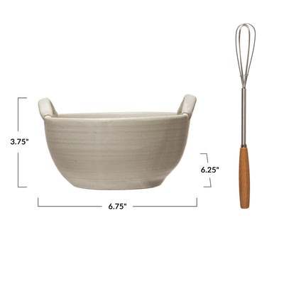 Stoneware Bowl w/ Wood & Metal Whisk