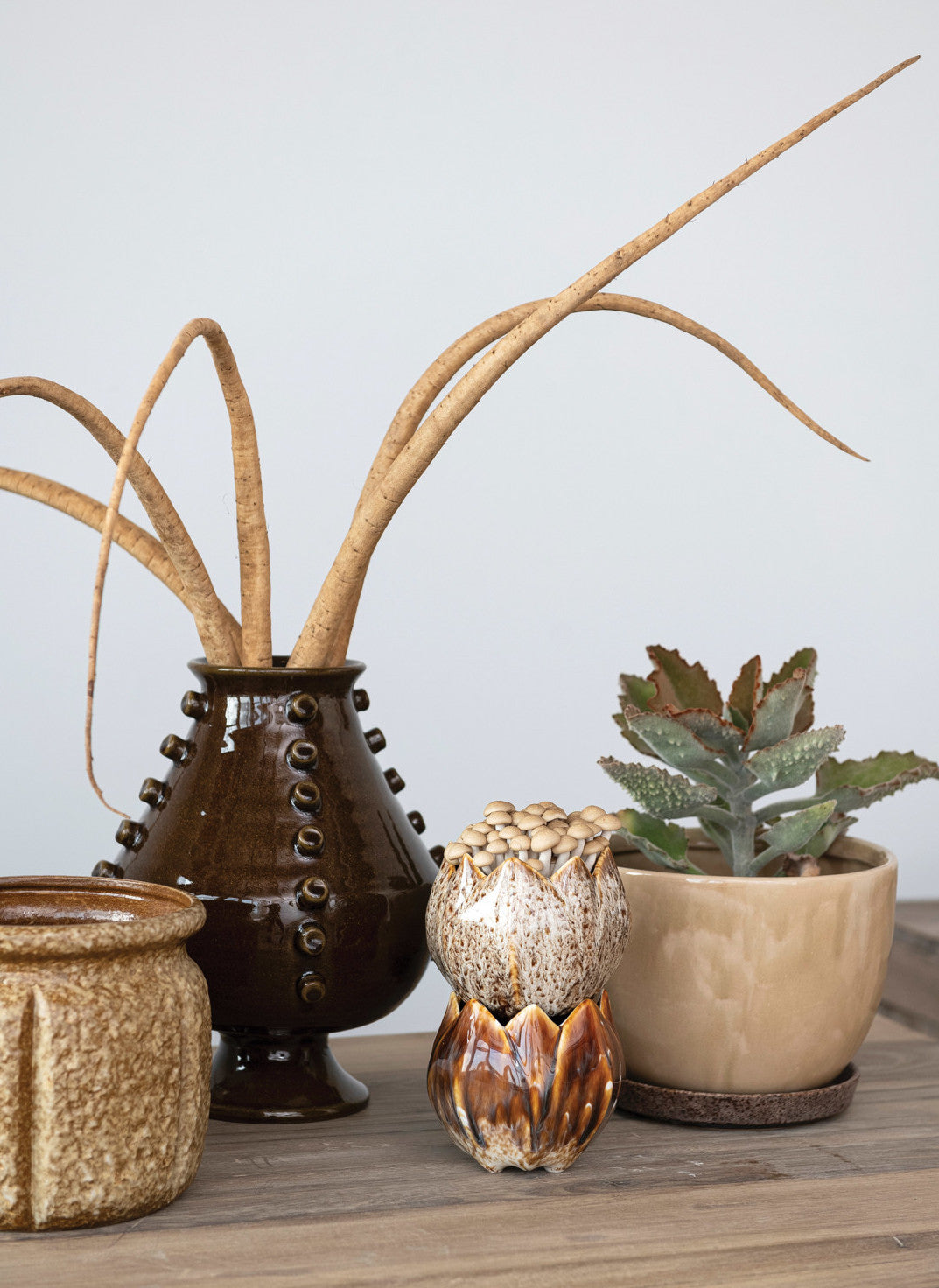 Brown Stoneware Planter w/ Saucer, 8"