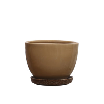 Brown Stoneware Planter w/ Saucer, 8"