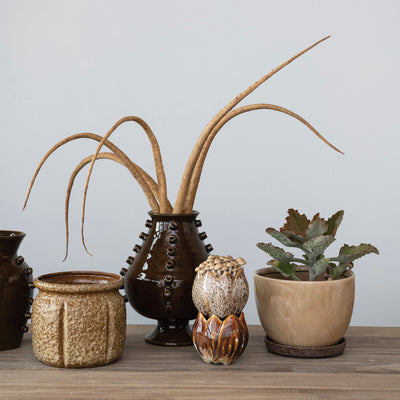 Brown Stoneware Planter w/ Saucer, 8"